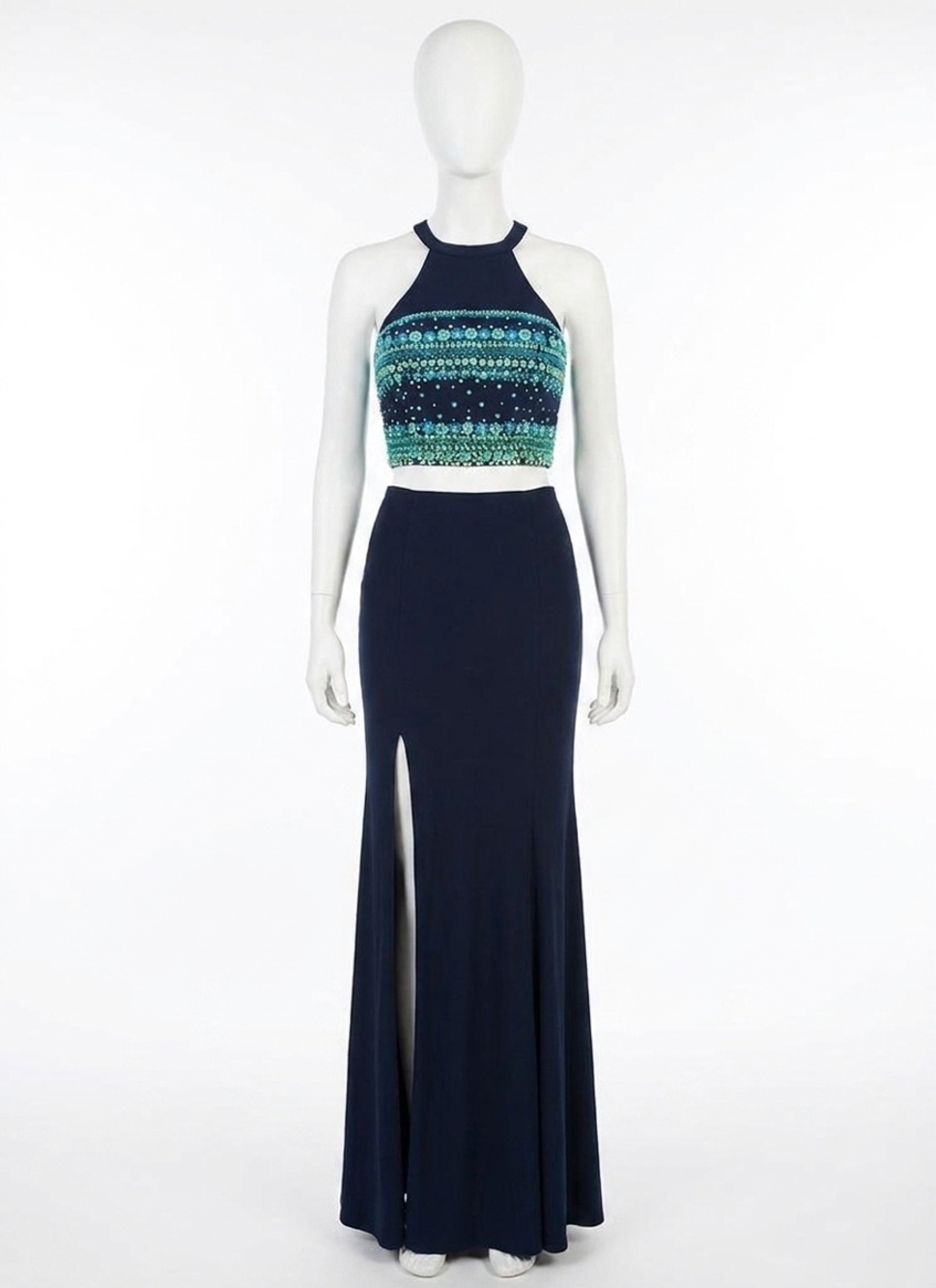 NEW RACHEL ALLAN beaded jersey two-piece evening gown in navy
